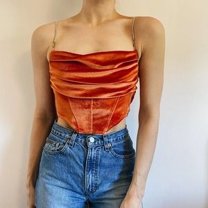 Orange Velvet Rhinestone Strap Corset Top